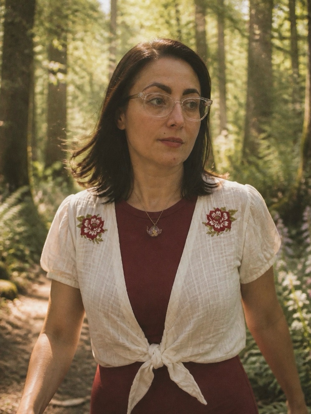 Lee White Tie-Front Crop Top with Red Floral Embroidery cottagecore
